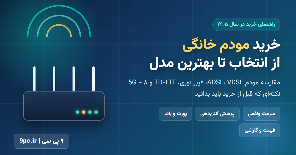 بنر راهنمای خرید مودم خانگی در سال 1405 با تصویر مودم خانگی و امواج وای فای